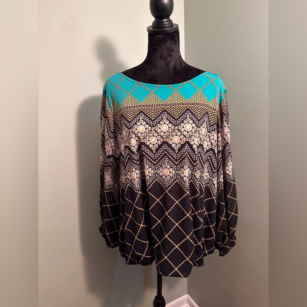 Alfani Turquoise and Black Geometric Blouse Plus Size 2X